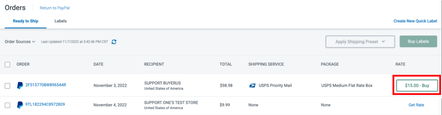 Image of PayPal Ready To Ship page. Box highlights Buy Label link.