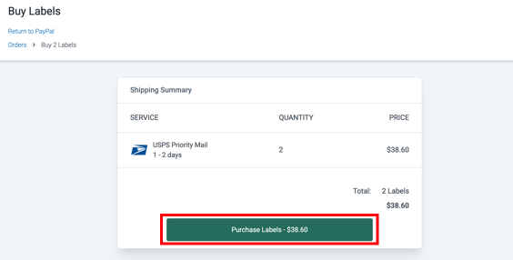 Box highlights Purchase Labels button. Date Picker, Service, package quantity, and price all show in Shipping Summary