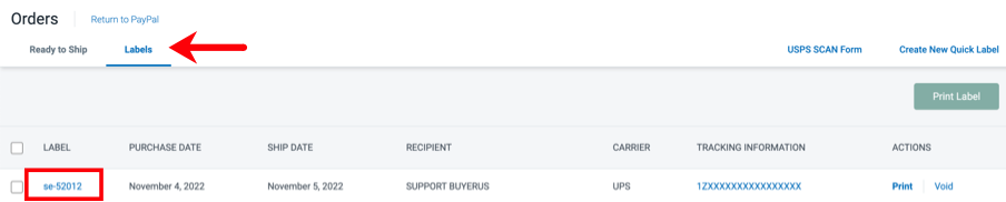 Labels tab on orders page. under Label column, Box highlights the label slash order number