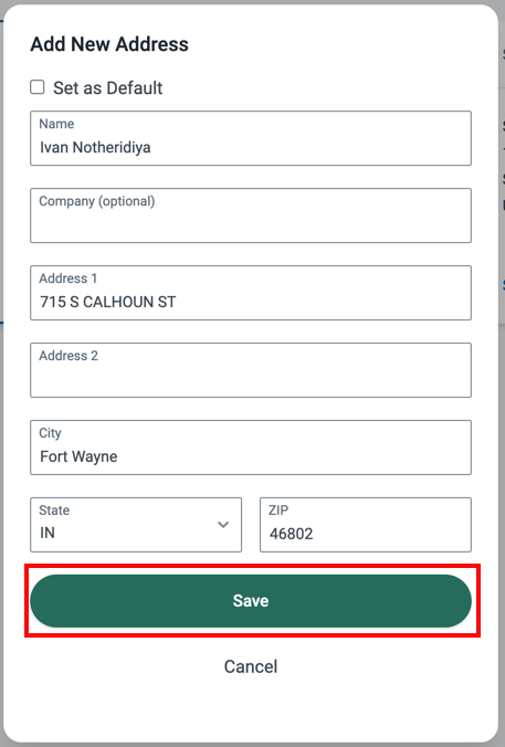 Add Address popup. Fields for name, Adresses 1 & 2, City, State, Zip. Red box highlights Save button