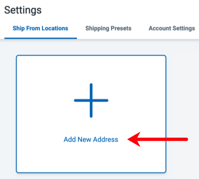 PayPal business account settings, Ship From Locations tab, arrow points to Add New Address