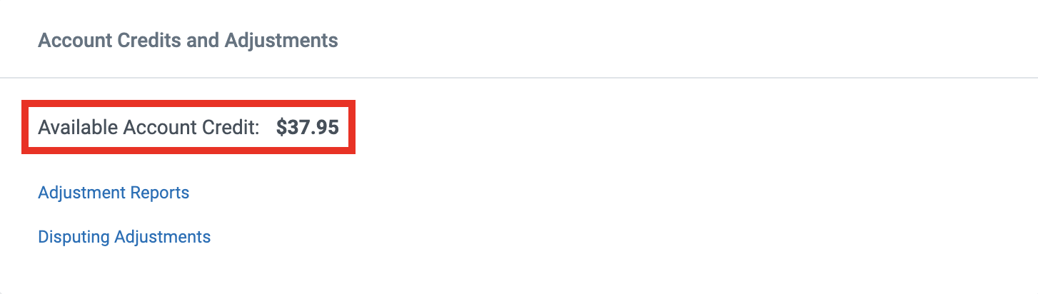Account Credits snd Adjustments. Red box highlights: available account credit
