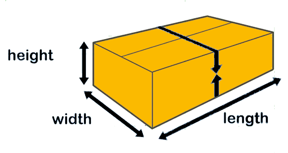 A shipping box is displayed with labels showing the length, width and height. Arrows around the box demonstrate girth.