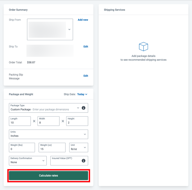 Box highlights Calculate Rates button. Rates display to side of address and package fields.