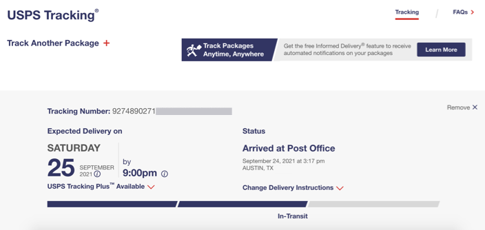 USPS website that shows an example tracking page