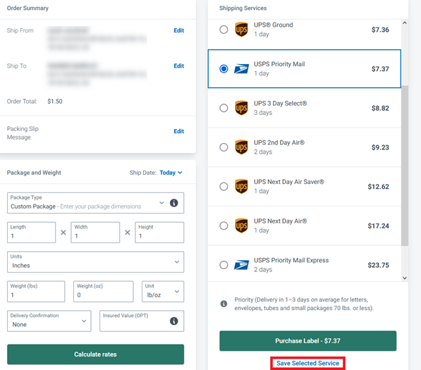 Shows multiple services, box highlights Save Selected Service button.