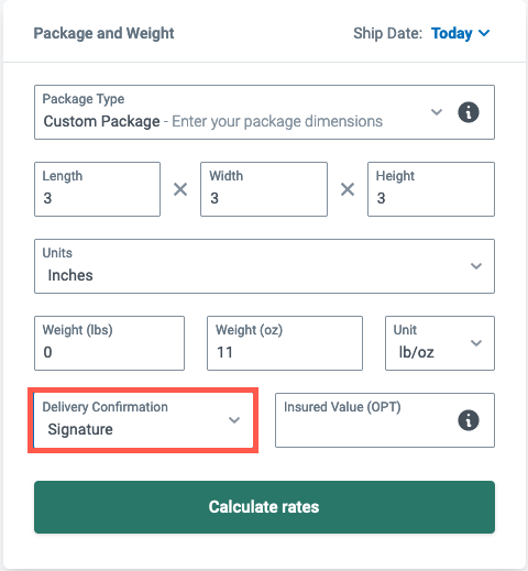 Delivery Confirmation drop-down highlighted in the Package and Weight section of the Buy a Label screen