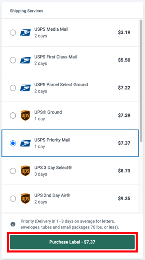 Purchase Label button highlighted with red box in Shipping Services panel.