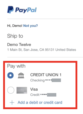 PayPal Payment methods popup. Redbox highlights options already set ,+ Add a debit or credit card