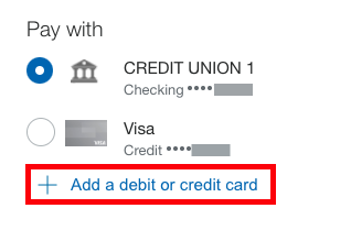 Pay With panel. Red box highlights link to Add a debit or credit card