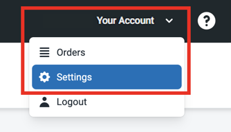 PayPal business account, Settings dropdown menu. Settings highlighted in red.