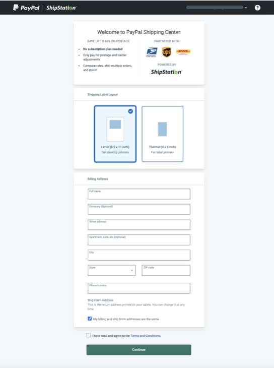 PayPal onboarding screen. Set Label layout, Ship From address, see terms and Conditions, and continue to Billing button