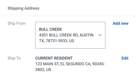 Sample Ship From and Ship To addresses shown under the "Shipping Address" section of the Buy a Label screen